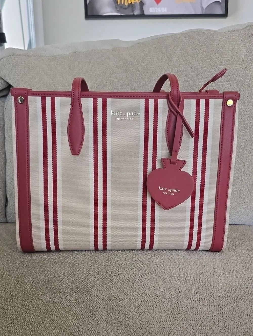 Kate Spade Market Sam Red Cream Striped Shoulder Handbag